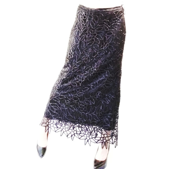 Vintage Black Crochet Silk Beaded Lace Skirt - Picture 4 of 8